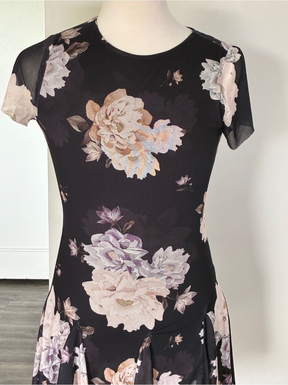 Persaya Black Midi Dress with Blush and Lavender Floral Print
